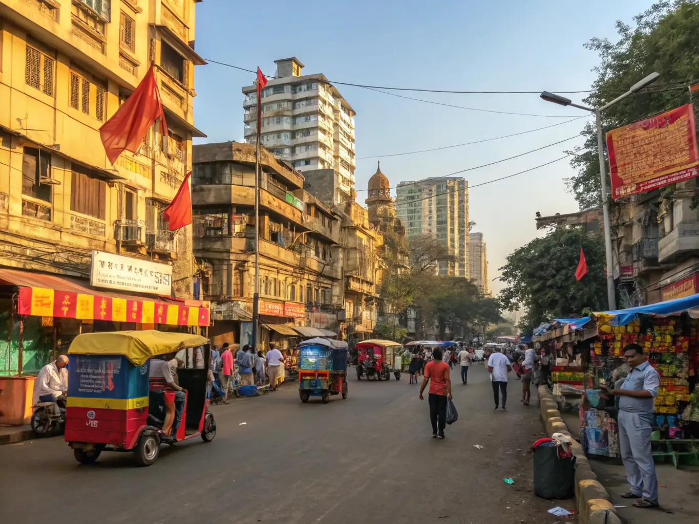 A colorful street in Mumbai, India, showcasing its vibrant culture and bustling urban life.