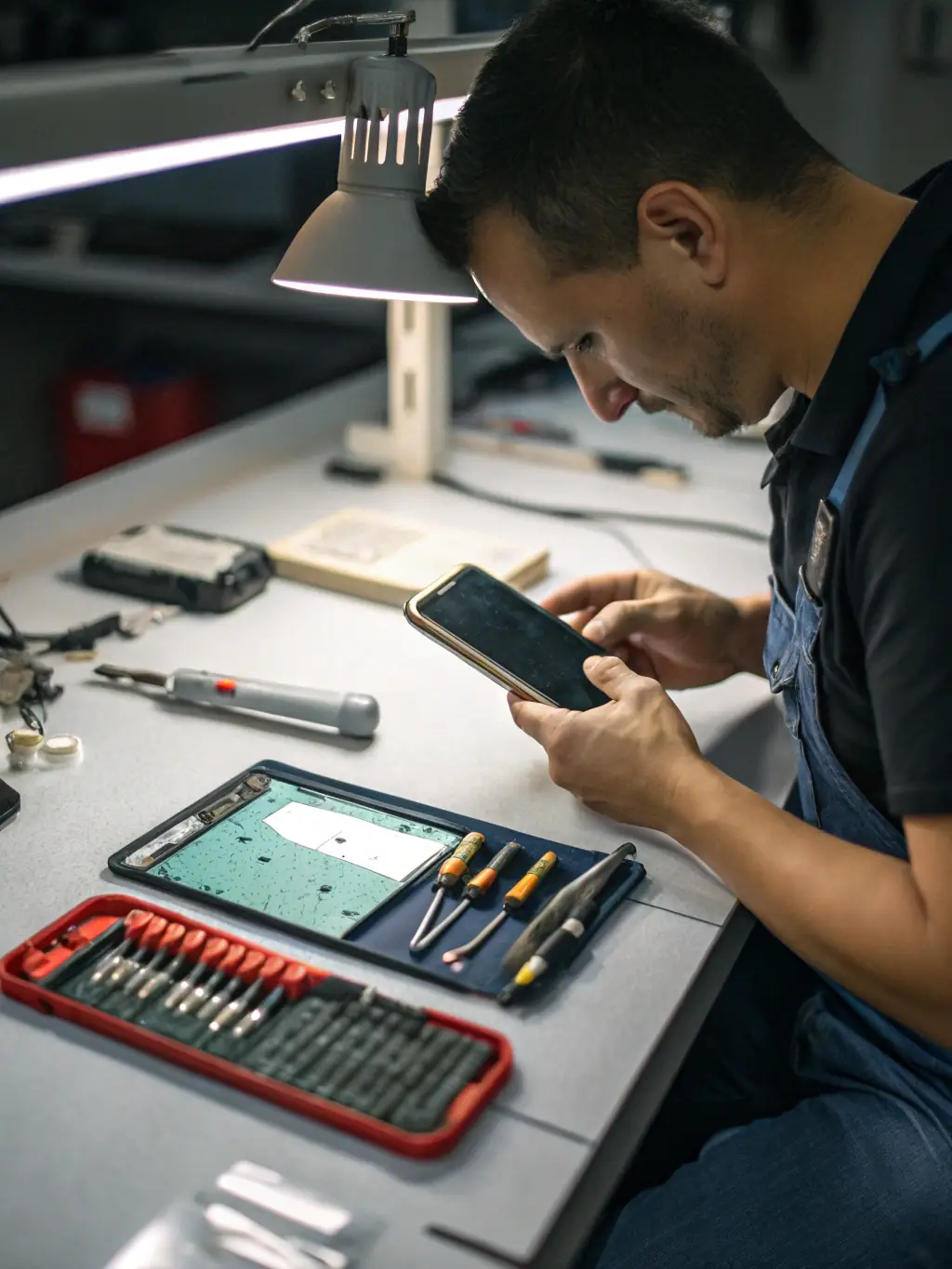 A close-up shot of a technician meticulously repairing a smartphone with precision tools, highlighting AtlasCare's commitment to engineering excellence.