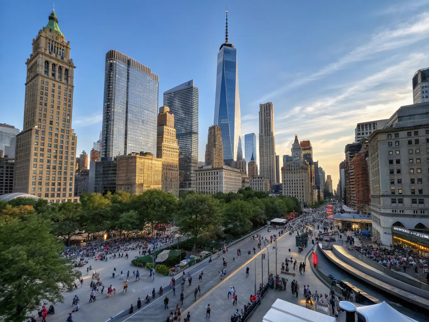 A cityscape of New York City, showcasing modern skyscrapers and bustling streets.