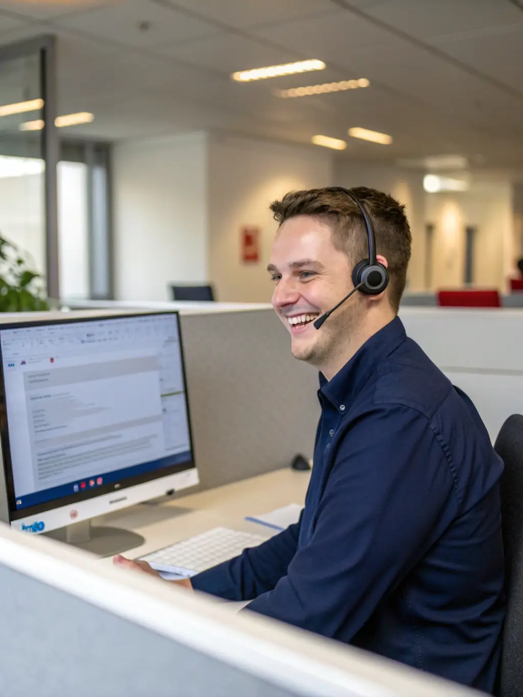 A friendly AtlasCare support representative assisting a client with their IT device, showcasing the company's dedication to personalized human care.
