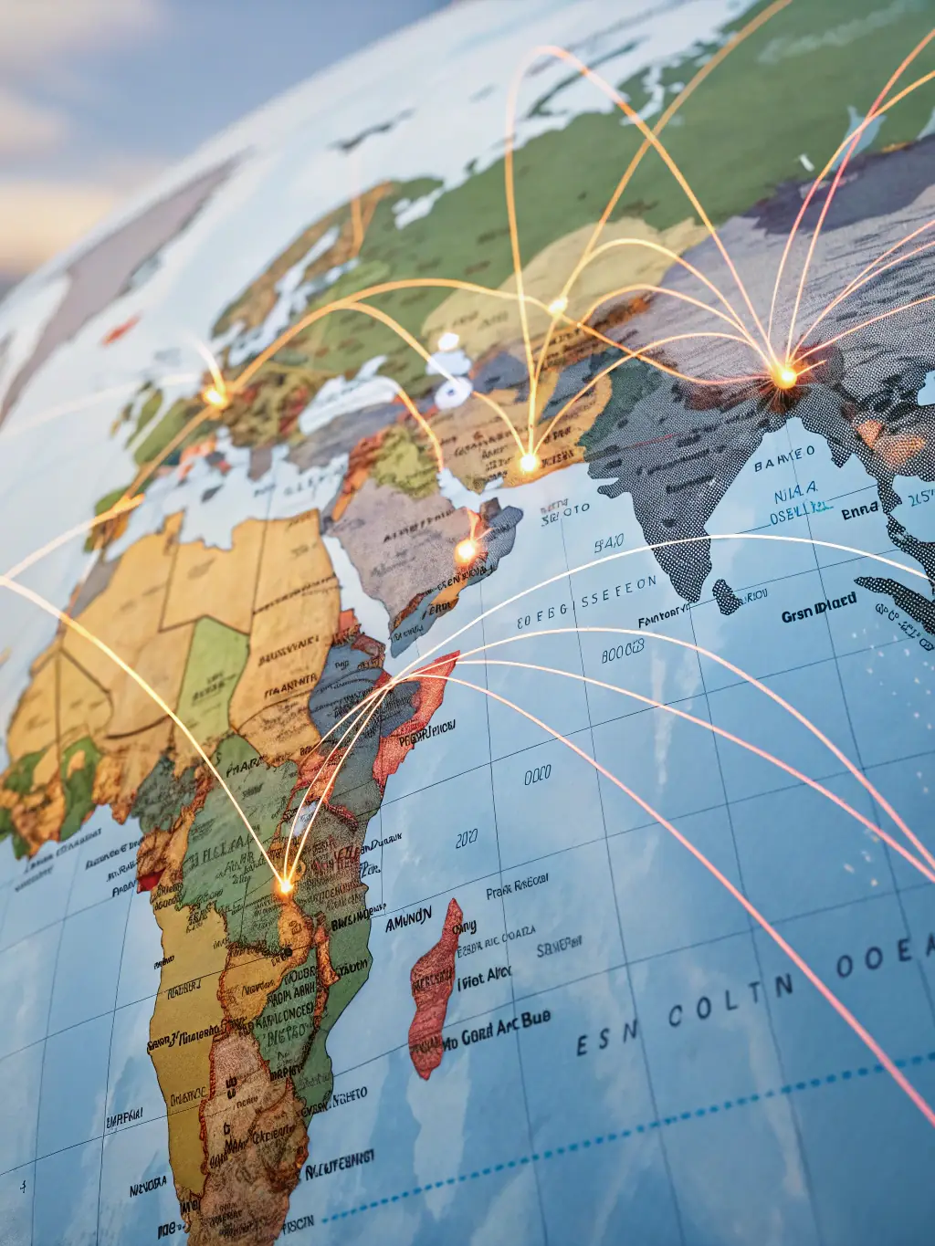 A world map with interconnected lines representing AtlasCare's global logistics network, emphasizing the company's ability to serve clients worldwide.