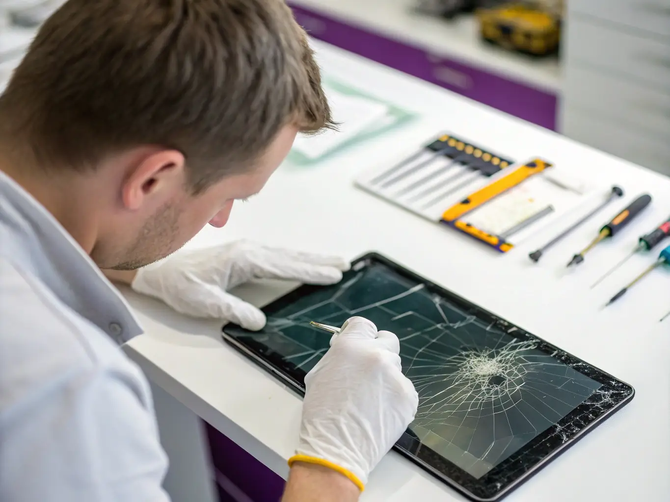 Image of a technician securely handling a tablet during a repair process, emphasizing AtlasCare IT's expertise in tablet support and maintenance.