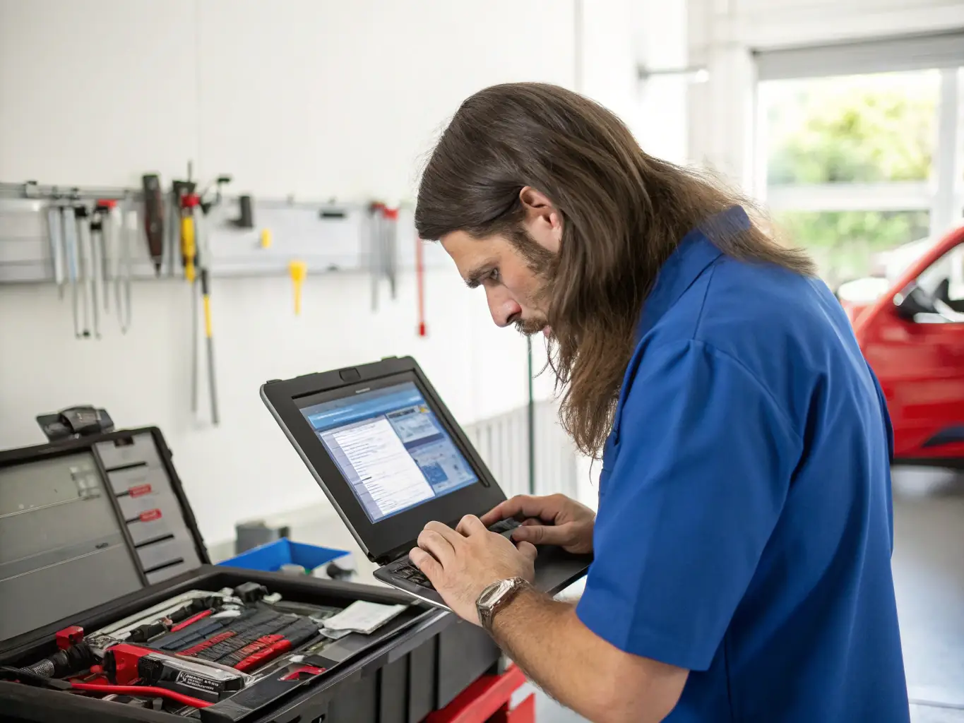 A technician is using diagnostic tools to assess a tablet, highlighting AtlasCare IT's device diagnostics service.