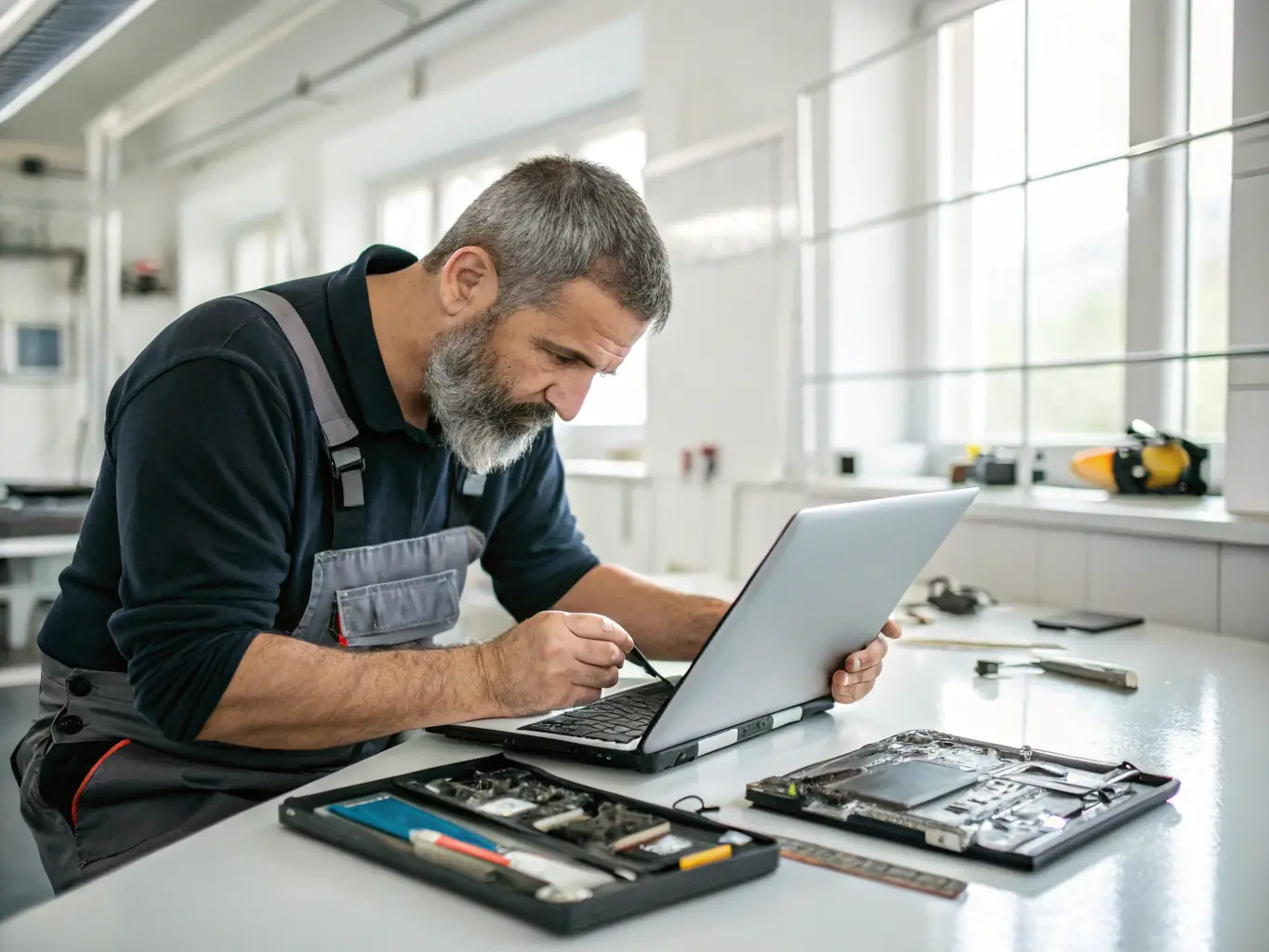 A technician in an AtlasCare IT uniform is shown repairing a laptop at a client's office, showcasing the on-site repair service.