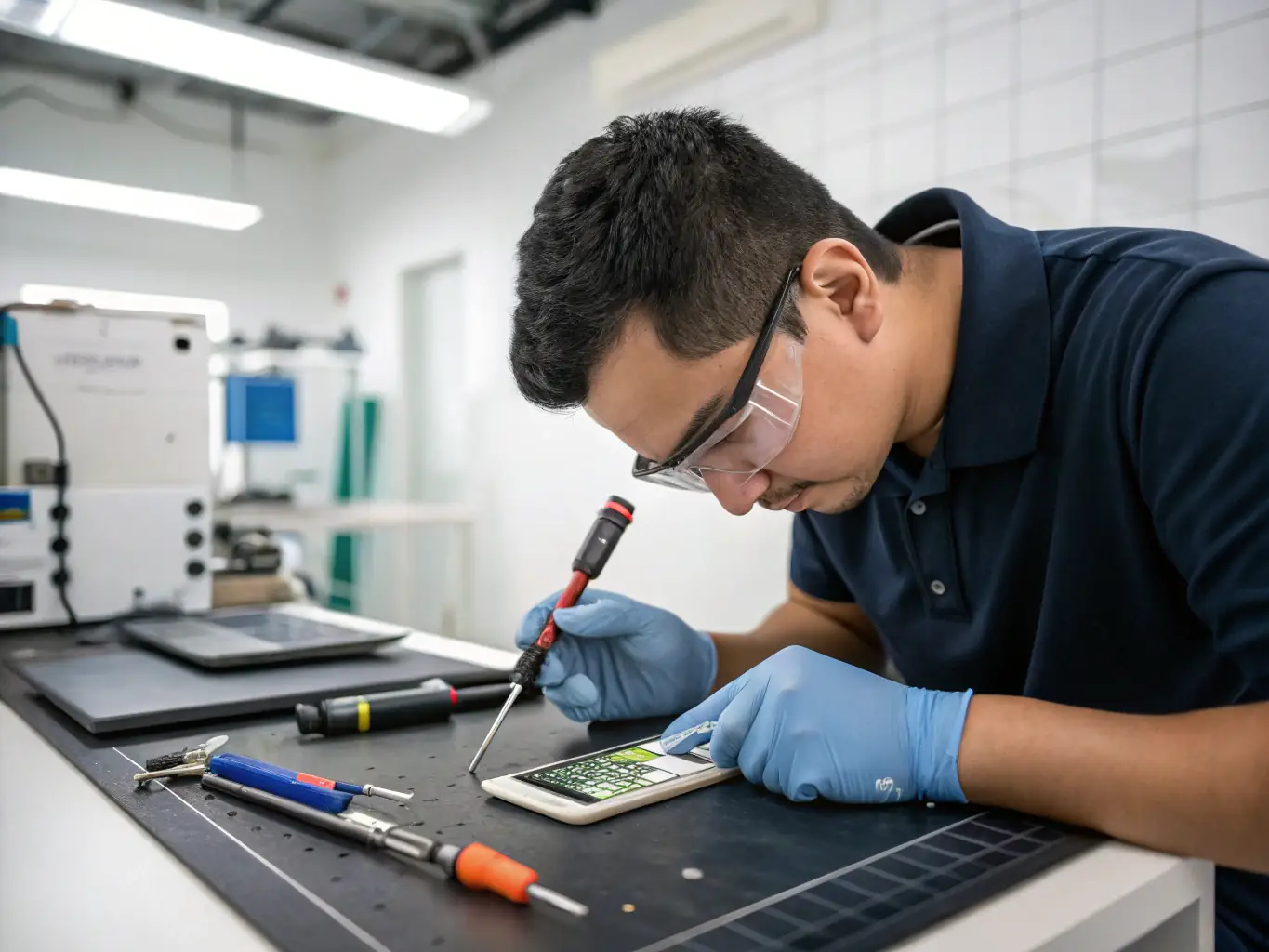 Image of a technician expertly repairing a smartphone screen in a modern office environment, showcasing AtlasCare IT's smartphone support services.