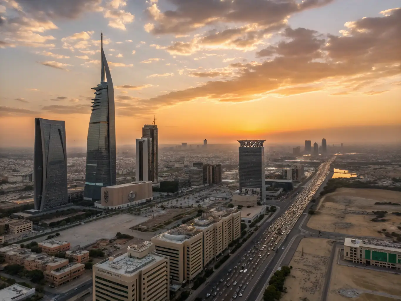 A modern skyline of Riyadh, Saudi Arabia, featuring contemporary architecture and desert landscapes.