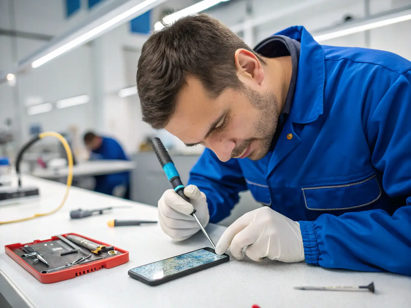 Image of a technician diagnosing a laptop issue with specialized tools, highlighting AtlasCare IT's laptop maintenance and repair capabilities.