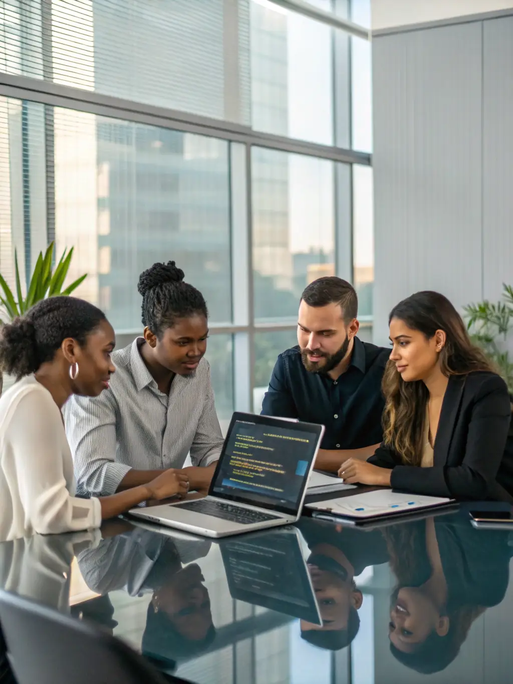 A diverse team of AtlasCare IT professionals collaborating in a modern office environment, symbolizing the company's comprehensive approach to IT lifecycle management.