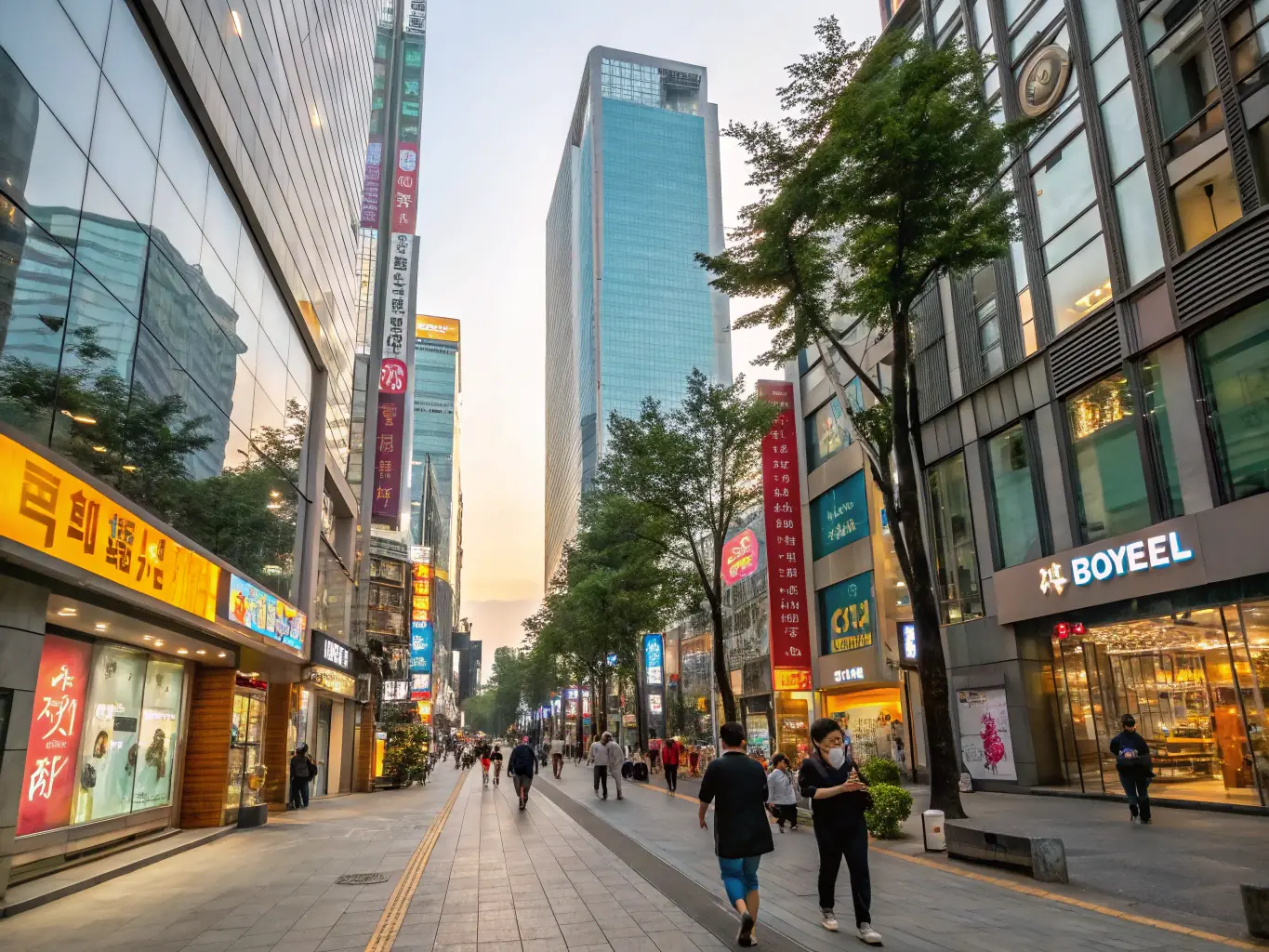 A modern cityscape of Seoul, South Korea, featuring sleek skyscrapers and advanced technology infrastructure.