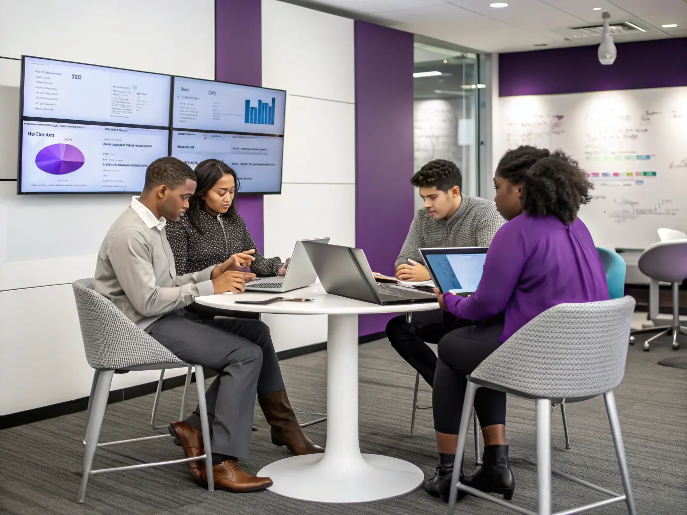 A team of AtlasCare IT professionals is shown managing the rollout of new tablets in a corporate environment, emphasizing seamless integration and minimal disruption.
