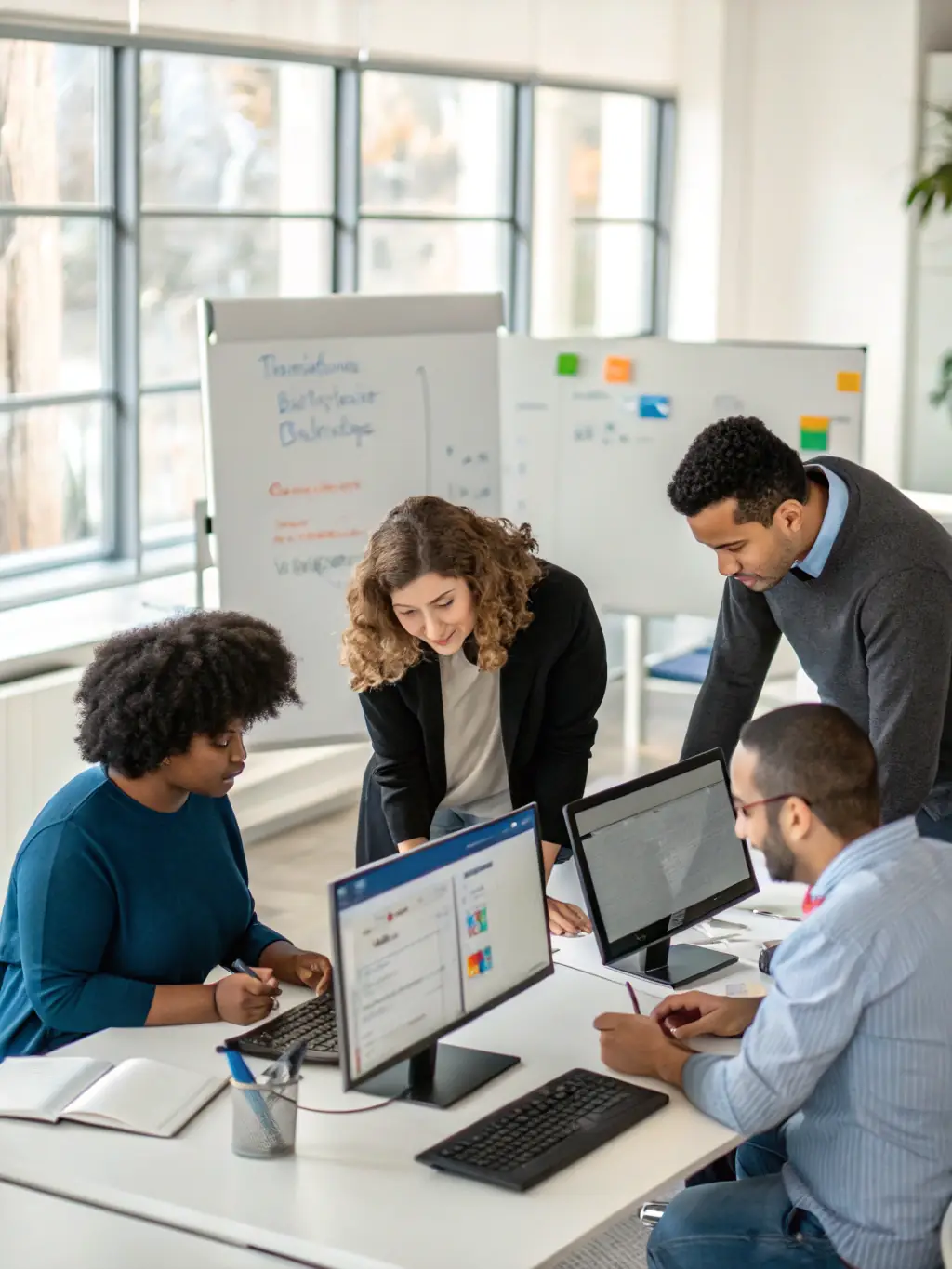A team of IT professionals efficiently managing the rollout of new laptops in a corporate office setting, highlighting AtlasCare IT's rollout management expertise.