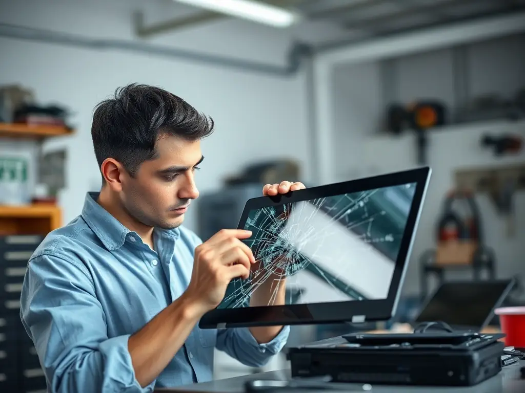 A technician in an AtlasCare IT uniform is shown repairing a laptop at a client's office, with a focus on professionalism and efficiency.